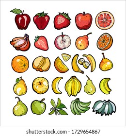Vectores de frutas del arcoiris aislados. Fresa entera picada, manzana anaranjada de pera banana. Recogida de frutas a mano. Menú vegetariano de comida de moda, logo de los iconos de la fruta. Ilustración de frutos de mano roja