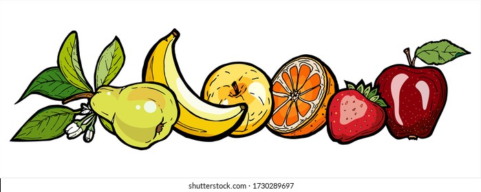 Rainbow fruits vector set isolated. Whole strawberry banana pear orange apple leaves. Fruits collection hand drawn. Trendy food vegetarian menu, fruit icons logo. Red hand drawn fruit illustration