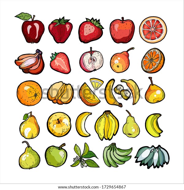 Vektor Stok Rainbow Fruits Vector Set Isolated Whole (Tanpa Royalti