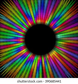 Rainbow furry circle shape with black area in middle, gritty psychedelic rays in life energy aura