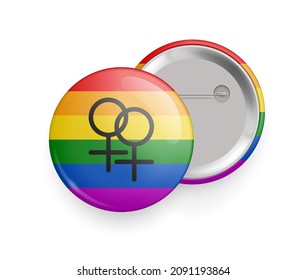 Rainbow gay flag glossy 3d pin button mockup. Homosexual pride, freedom, love, peace, equality symbol. Front and back side of brooch or badge realistic vector illustration