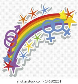 rainbow gay pride symbol with stars and gay junction symbols on white background.