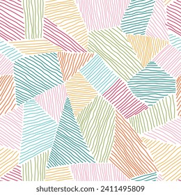 Rainbow geometric pattern of hand drawn textured geometric tiles. Seamless colorful doodle background of stripy earth tone mosaic fragments