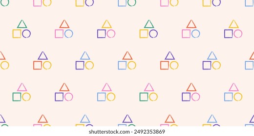 Rainbow geometric shapes on a beige background. Hand-drawn squares, triangles, and circles. Vector seamless pattern in grunge style. Chaotic pastel strokes. Retro background in gender-neutral colors.
