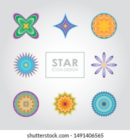 Rainbow geometric star icon, various vivid circle logo design. Set of abstract shiny colorful flower shape symbol isolated on white background.