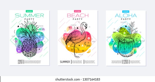 Rainbow Geometric Style. Disco Light Fluid Art. Memphis Prism Summer Poster Set. Amoeba Trendy Background. Realistic Tropic Pineapple, Flamingo, Coconut Drink For T-shirt Print, Music Banner On White