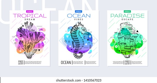 Rainbow geometric style. Disco light fluid art. Memphis prism summer blue ocean poster set. Amoeba trendy background. Realistic sea horse, coral reef, sea weed for t-shirt print, music banner on white