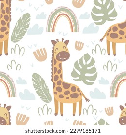 Rainbow, giraffe and tropical leaves, seamless pattern with vector hand drawn art with boho theme