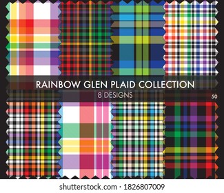 Rainbow Glen Plaid seamless pattern collection includes 8 designs for fashion textiles and graphics