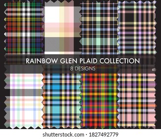 Rainbow Glen Plaid seamless pattern collection includes 8 designs for fashion textiles and graphics