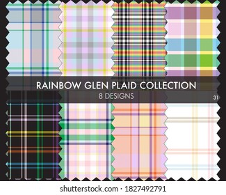 Rainbow Glen Plaid seamless pattern collection includes 8 designs for fashion textiles and graphics