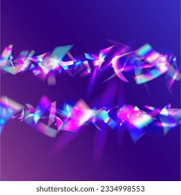 Regenbogen-Glitter. Blaue Retro Textur. Unscharfes Vaporwave-Dekor. Metalldesign. Kristallfolie. Transparente Falten. Fantasy Art. Glitch Confetti. Purple-Regenbogen-Glitter
