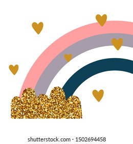 Rainbow glitter with cloud and hearts. Cute print for kids. Vector illustration.