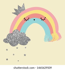 rainbow glitter cloud star crown tassel girl tee illustration art vector