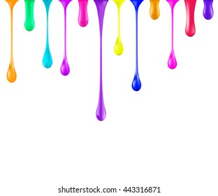 Rainbow Glossy Paint Drop Blobs Isolated On White Vector. 3d Illustrator. Nail Polish Drops. Nail Polish Falling Drop. Falling Paint Drops. Falling Paint Drops Vector. Falling Drops Isolated.