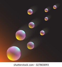 Rainbow glowing asteroids flying to planet. Space meteorite stars. Comet energy.