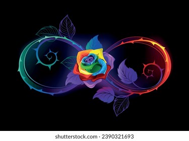 Rainbow, glowing infinity symbol with bright thorny stems and an iridescent, blooming rose a black background.  Rainbow rose. hand drawn vector art