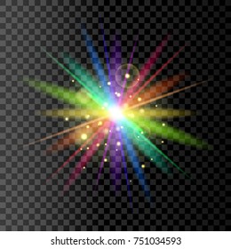 Rainbow glowing light. Colorful glare spectrum with colors of gay pride j transparent background. Bright shining star.