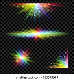 Rainbow glowing lights set. Colorful glare spectrum with colors of gay pride j transparent background. Bright shining star.