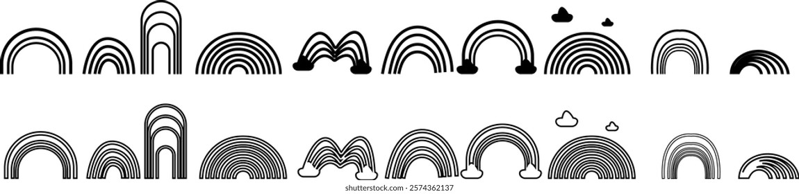 Rainbow Glyph Icon set, Patrick's Day graphic design elements, neutral calm rainbows Sticker pack in trendy retro psychedelic styles Minimal abstract art silhouette isolated on transparent background.
