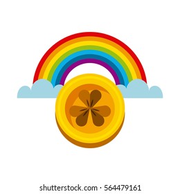 rainbow and gold coin icon over white background. saint patrick's day concept. colorful design. vector illustration