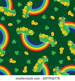 Rainbow with gold coins seamless pattern. St Patrick's day vector illustration.