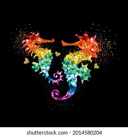 Rainbow and gold colors glittering seahorses with hearts and glitter glow. Beautiful colorful silhouettes on black for Valentines day, wedding, kids, label, banner, LGBT symbol. Vector illustration.