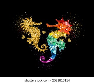 Rainbow and gold colors glittering seahorses with hearts and glitter glow. Beautiful colorful silhouettes on black for Valentines day, wedding, kids, label, banner, LGBT symbol. Vector illustration.