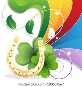 Rainbow and gold horseshoe on white background. St. Patrick's Day abstract symbol