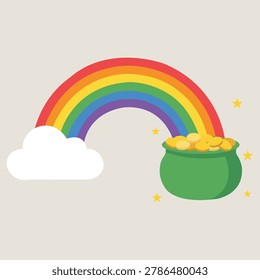Rainbow and gold pot illustration featuring fantasy luck celebration and colorful magical concept for holiday children and creative design projects