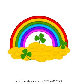 Rainbow with golden coins and clovers. Saint patrick day. Vector illustration design