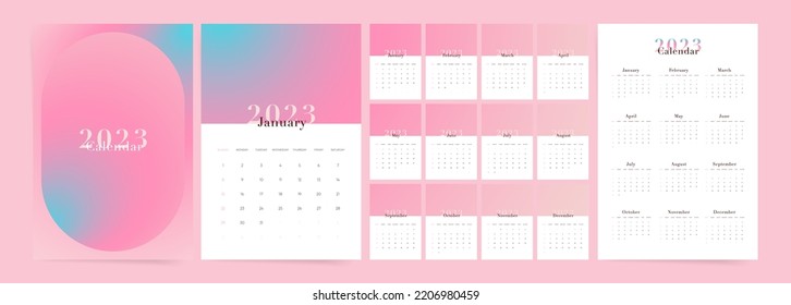 Rainbow Gradient 2023 Calendar Template. Aesthetic Elegant Design. Week Starts On Sunday.  Modern Vector 2023 Calendar.