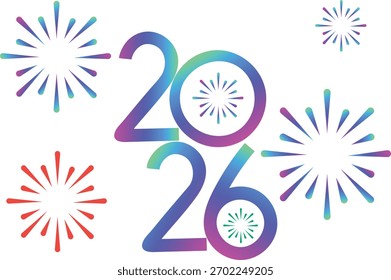 Rainbow gradient 2026 numbers with fireworks vibrant festive look celebrating the new year with colorful bursts