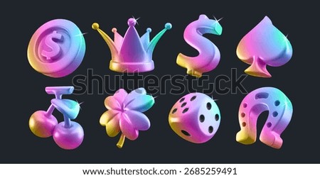Rainbow gradient 3d casino icon set with coin and crown, dollar and spade sign, cherry and clover leaf, dice and horseshoe for gaming apps. Holographic symbols with iridescent colors for slot game