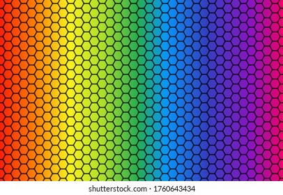 Rainbow gradient background, honeycomb pattern vector design.