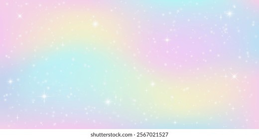 Rainbow Gradient background with Shining stars. Holographic unicorn sparkle backdrop. Abstract Fantasy Girly illustration. Bright Cute multicolored texture