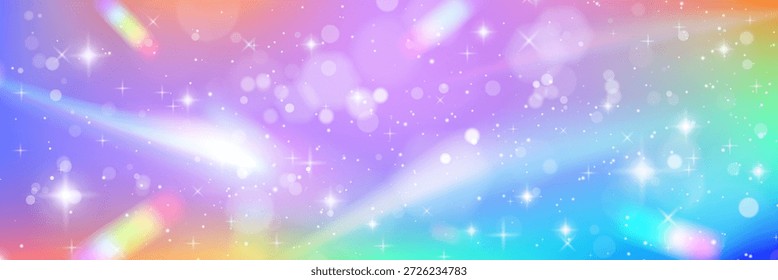 Fondo degradado de arco iris con destellos de unicornio y bokeh brillante. Fondo de princesa de ensueño con estrellas kawaii, efecto de acuarela mágica y atmósfera de cuento de hadas para diseños infantiles de fantasía.