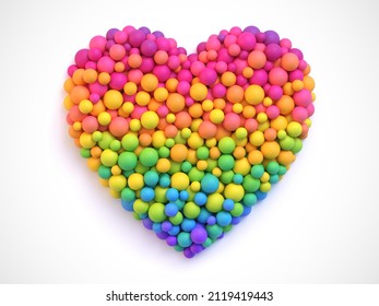 Rainbow gradient bright soft balls in shape of heart isolated on white background. Vector illustration