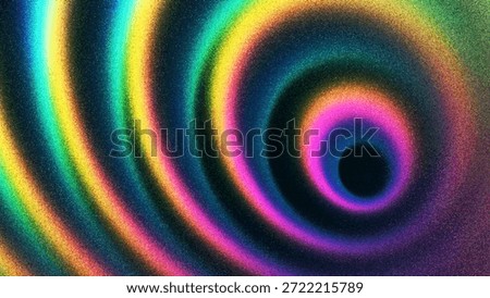 Rainbow gradient with circular flowing waves from thousands of individual dots. Iridescent abstract waves forming spiral folds and rounded shapes. Expressive gradient with swirling circular rhythm. Colorful circular wave pattern forming radiant concentric rings with grainy gradient texture. Dynamic rainbow ripple with hypnotic expanding waves. Intense rainbow colors interact through grainy film texture creating tactile and emotional surface. Vector background