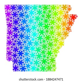 Rainbow gradient collage of Arkansas State map designed for Christmas sales. Arkansas State map mosaic is done of colorful ice crystals. Designed for New Year ads.