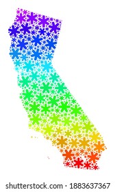 Rainbow gradient collage of California State map combined for New Year holidays. California State map mosaic is designed with multicolored snow flakes. Designed for New Year purposes.