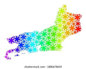 Rainbow gradient collage of Piaui State map created for New Year ads. Piaui State map mosaic is done of multicolored snowflakes. Designed for New Year advertisement.