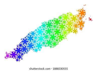 Rainbow gradient collage of Tobago Island map designed for New Year holidays. Tobago Island map mosaic is designed from multicolored snow elements. Designed for New Year posters.