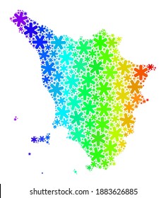 Rainbow-Farbverlauf-Collage der Toskana-Landkarte für Neujahrsverkäufe. Das Mosaik der Toskana ist mit bunten Schneeflocken gestaltet. Für Neujahrszwecke konzipiert.