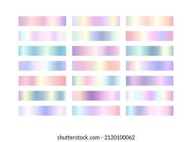 Rainbow gradient color set. Unicorn holographic, gold metallic, silver, rainbow chrome, iridescent swatches palette. Vector shiny pastel multicolor metal backgrounds for border, frame, label, web.