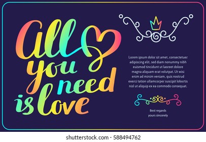 Rainbow gradient color vector template with handwritten lettering, heart, text. Calligraphic inscription. Hand drawn design for greeting card, wedding invitation, valentine day card, gift print