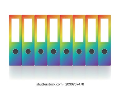 Rainbow gradient colored ring binders, eight colorful unlabeled leaf binder map set. Isolated vector illustration on white background.
