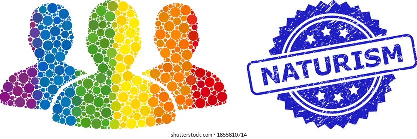 Gradiente arcoiris colorido grupo de hombres líderes de círculo, y marca de agua de rosetón de goma de Naturism. La estampilla azul tiene la leyenda del naturismo dentro de la rosette.