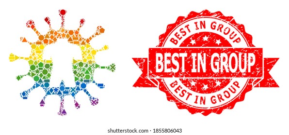Gradiente arcoiris colorido de color geométrico virus humano, y mejor sello texturizado del grupo. El sello rojo incluye la etiqueta Best in Group dentro de la cinta.