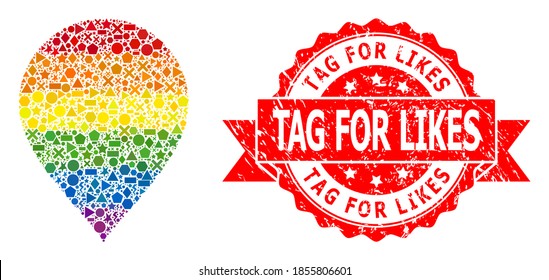 Rainbow gradient colorful geometric collage map pointer, and Tag for Likes unclean seal. Red stamp seal includes Tag for Likes caption inside ribbon.